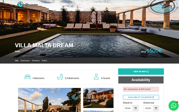 A webpage showcasing the Villa Malta Dream, highlighting its features and availability.