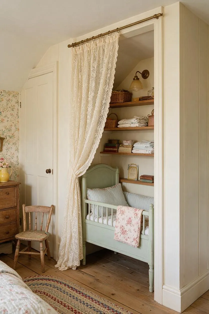 A cottagecore nursery features a mint-green crib tucked into a built-in alcove with open wooden shelves above it. A lace curtain hangs from a brass rod, and the room includes warm wood floors, vintage-style furniture, floral accents, and soft neutral textiles.