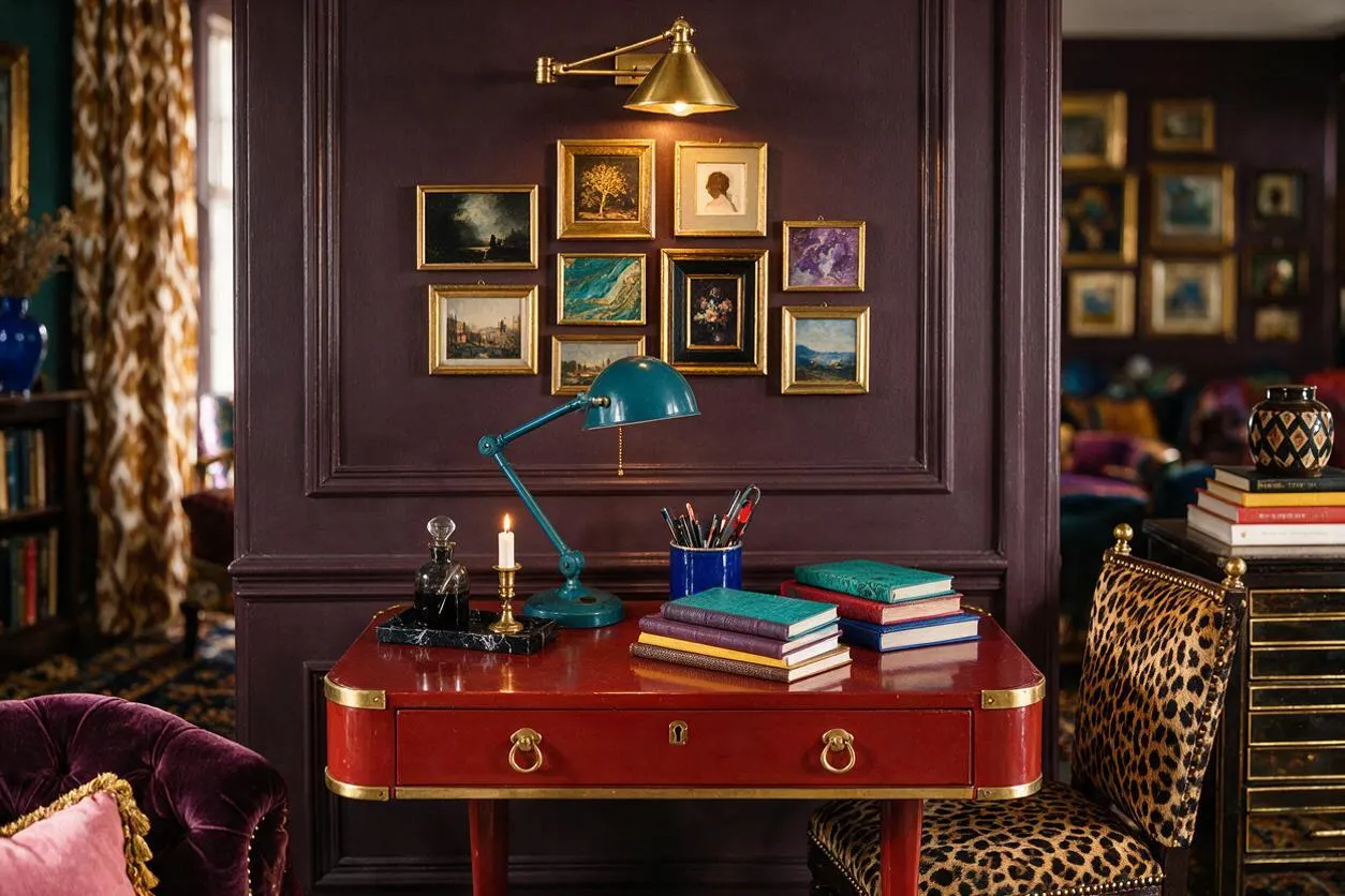 A richly layered maximalist writing nook features a glossy red desk against dark plum paneled walls, topped with a teal desk lamp, candles, books, and stationery. Above it hangs a tight gallery of small gold-framed artworks, while leopard-print and velvet seating add pattern and texture throughout the room.