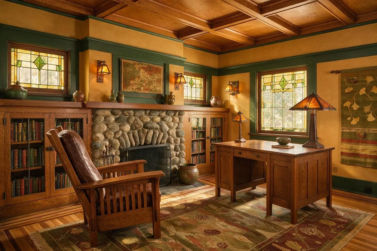 A Craftsman-style home office with a wood-paneled coffered ceiling, dark green trim, and warm golden walls. Built-in bookshelves flank a rounded stone fireplace, while a wooden desk, leather armchair, stained glass windows, and a patterned area rug complete the cozy workspace.