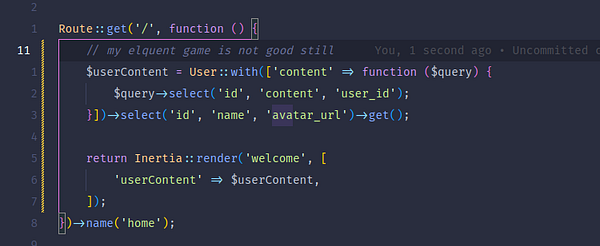 A code snippet in a programming environment showing a Laravel route definition with a comment about an eloquent game.