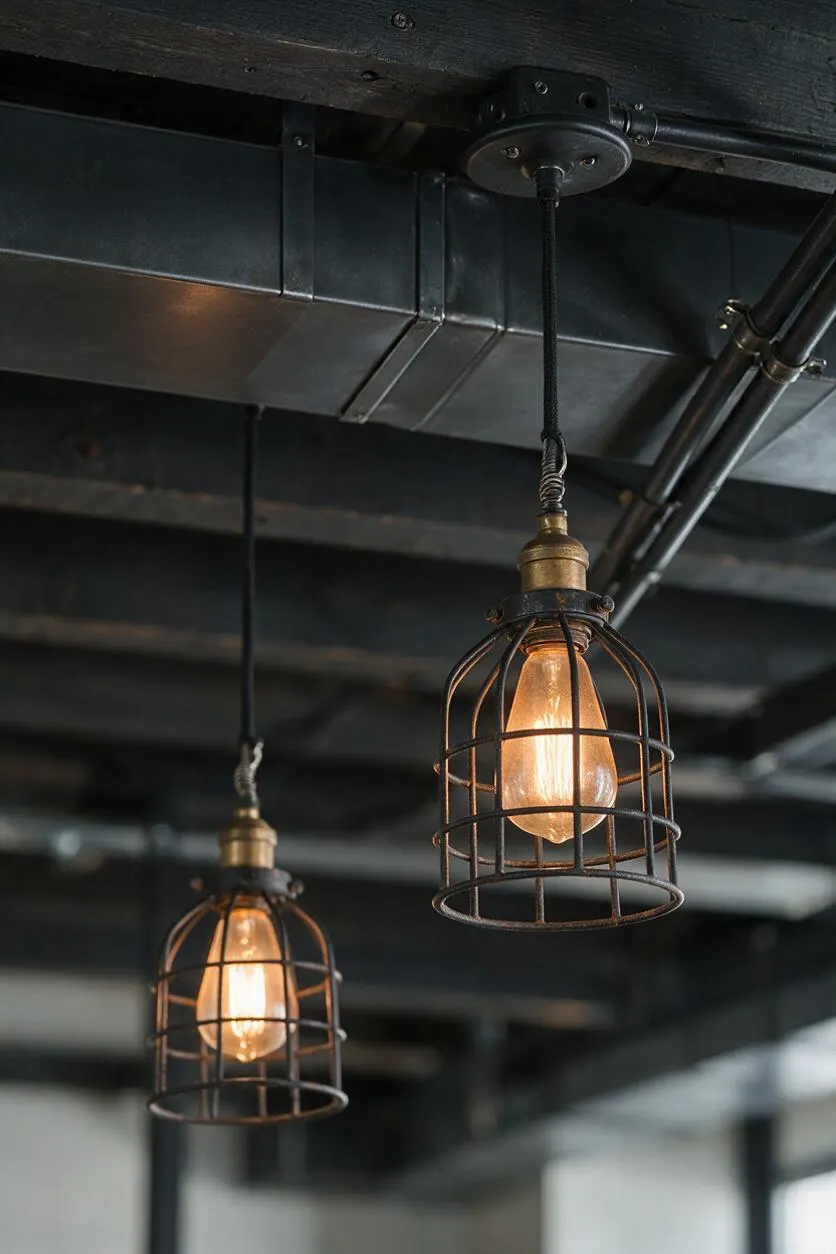 Two industrial pendant lights hang from a black ceiling with exposed ductwork and pipes. Each bulb is enclosed in a metal cage, and the warm Edison-style glow contrasts with the dark matte finishes.