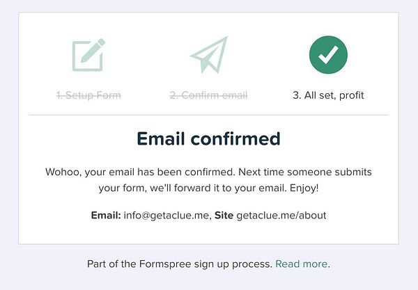 The image displays a confirmation message for an email setup process related to a form service.