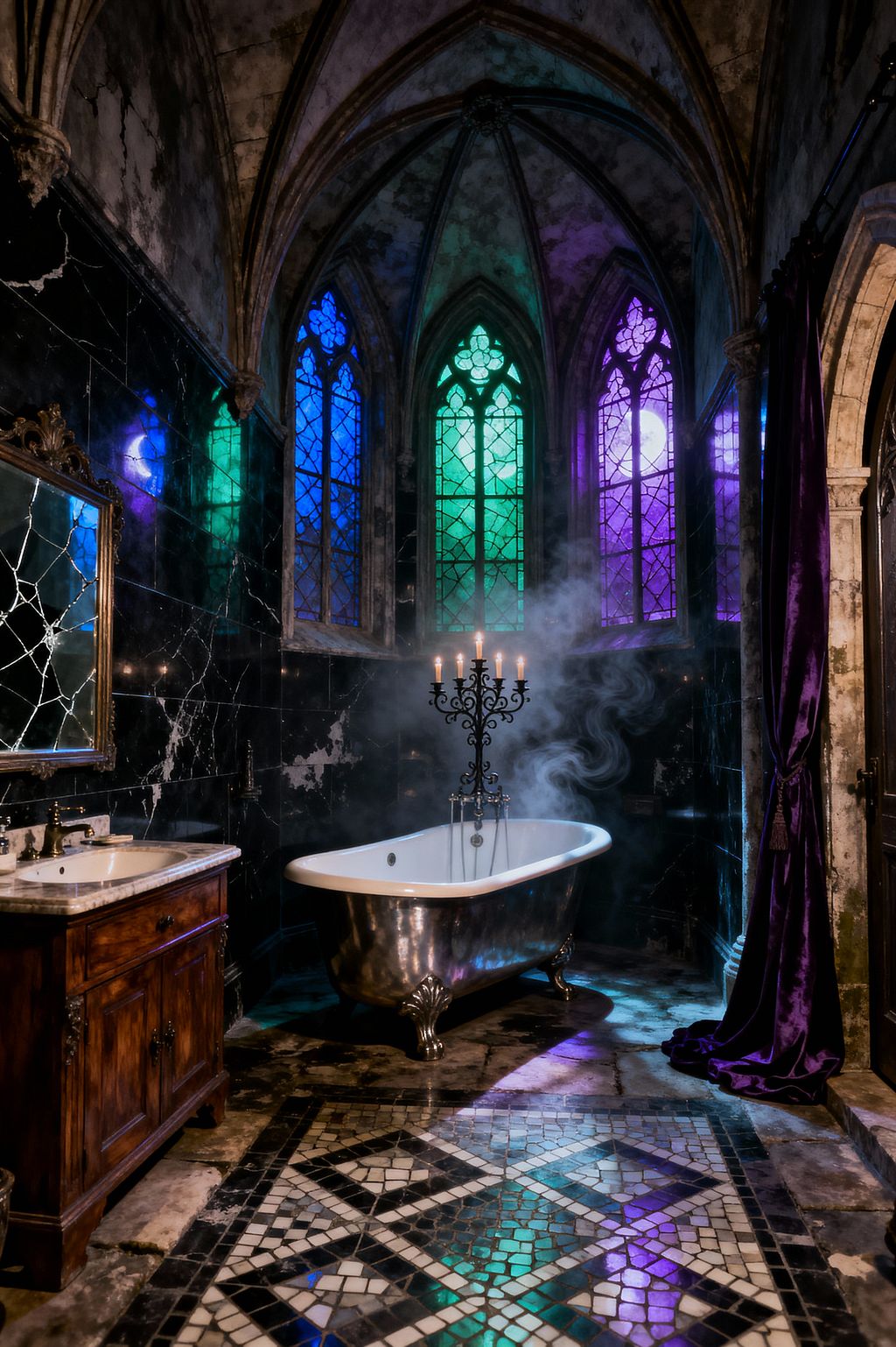 Atmospheric Gothic bathroom with a ribbed-vault ceiling and tall lancet stained-glass windows in green, blue, and purple. A polished metal clawfoot tub sits beneath the windows beside a wrought-iron candelabra, with steam rising from the bath. Black marble walls surround a walnut vanity with a white marble sink and a cracked gilt-framed mirror. The floor shows a black-and-white mosaic, and deep purple drapery hangs at the right.
