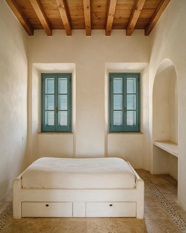A serene kids' room with white stucco walls, a natural wood beam ceiling, and two teal shuttered windows set into deep niches. A low cream bed with built-in drawers sits centered on a warm stone floor, with an arched wall niche and bench on the right adding a soft Mediterranean feel.