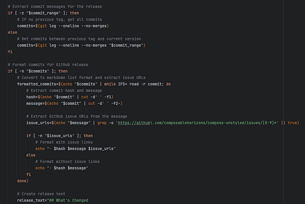 The image displays a code snippet for automating GitHub release creation using shell scripting.