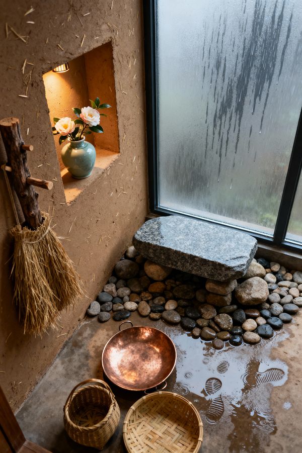 Small mudroom with a wabi-sabi aesthetic: straw-flecked clay plaster walls include a lit recessed niche holding a celadon vase with pale flowers. At the window, a rough granite slab sits on river pebbles beside a fogged, black-framed glass panel; on the wet concrete floor lie woven bamboo baskets and a hammered copper basin, while a rustic branch peg rail holds a straw broom, emphasizing natural materials, irregular textures, and utility.