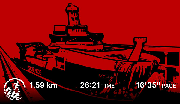 A digital illustration of a futuristic top-down view of two people walking on a ship deck at sunset with geometric shapes and warm color tones.