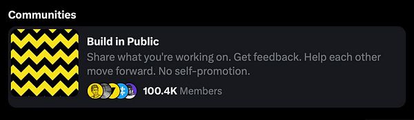 A community card for 'Build in Public' showcasing its member count and description.