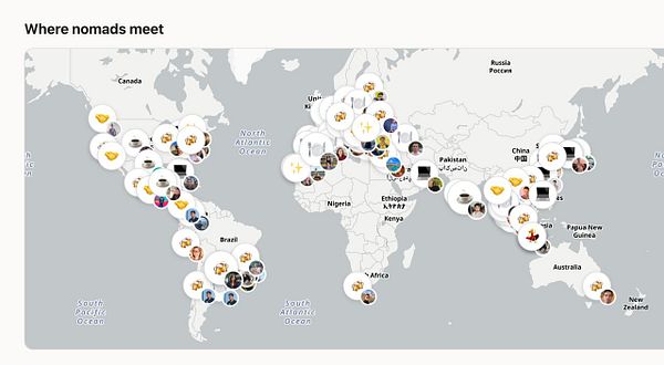 A world map titled 'Where nomads meet' showing clustered icons and profile pictures indicating various meetup locations for nomads across the globe.