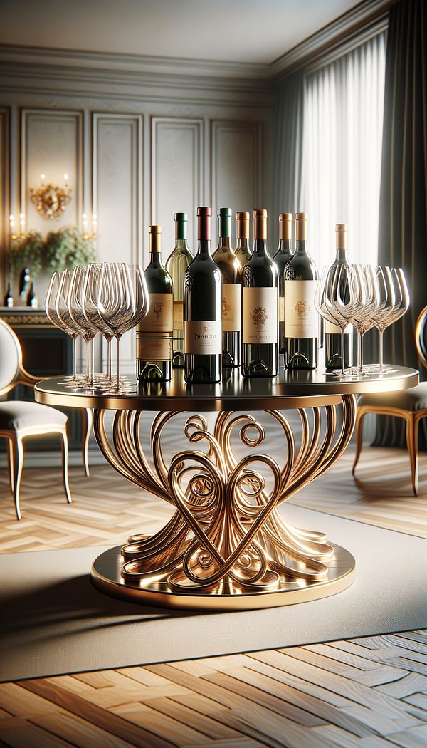 An elegantly designed wine table placed in a dining room setting, filled with variously shaped wine bottles and accompanied by wine glasses.