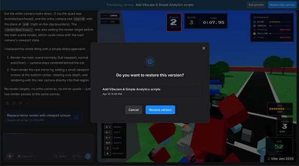 Screenshot of a voxelderby game window showing a 3D voxel car model with a rear view mirror overlay.