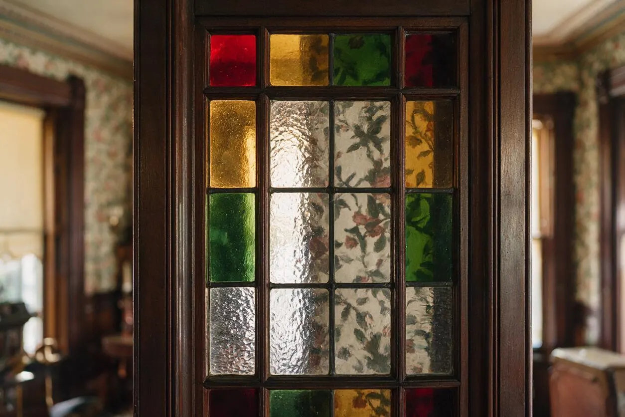 A close-up of a Victorian-style wooden door or partition with a leaded stained glass insert. The glass features textured clear panes framed by deep brown wood and accented with jewel-tone red, green, and amber sections, with a softly patterned vintage room blurred in the background.