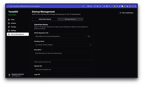 The image displays a user interface for managing startup submissions within a dashboard application called TweetGit.
