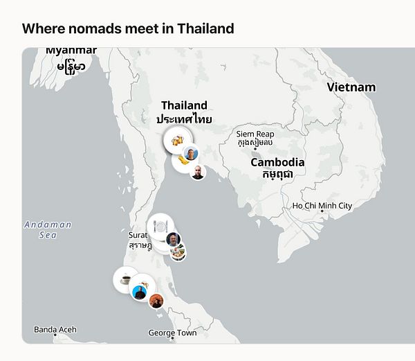 Map showing locations in Thailand where nomads meet, marked with icons and profile pictures.