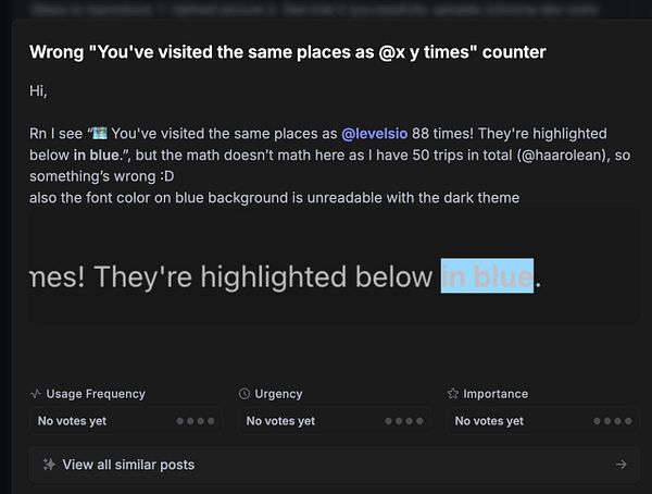 A user reports a bug regarding a counter displaying incorrect visit counts in a dark-themed interface.