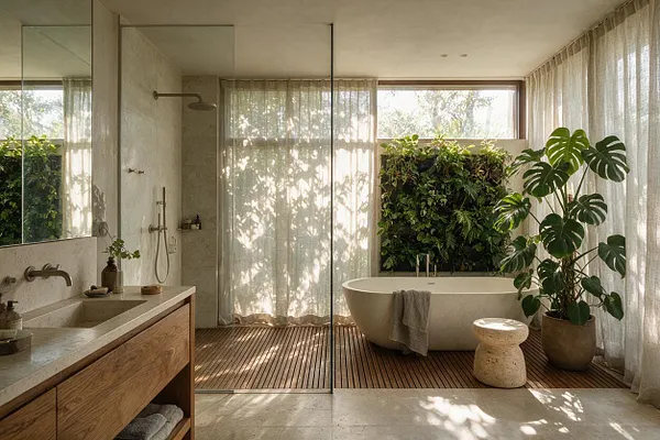 A serene master bathroom with a freestanding oval bathtub on a slatted wood floor, surrounded by sheer curtains, large windows, and abundant greenery. A double vanity with a wood cabinet and stone sink sits beside a glass shower, creating a warm natural spa atmosphere.