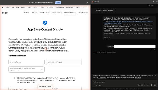 Screenshot of an Apple App Store Content Dispute form on the left and a conversation with Claude AI on the right about filing a trademark complaint against Interior AI.
