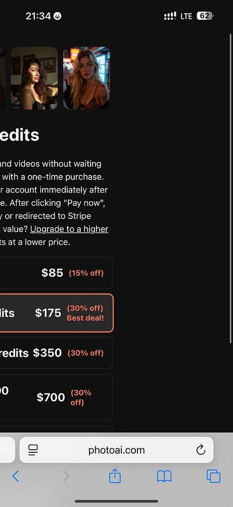The image displays a mobile interface for purchasing credits on a platform.