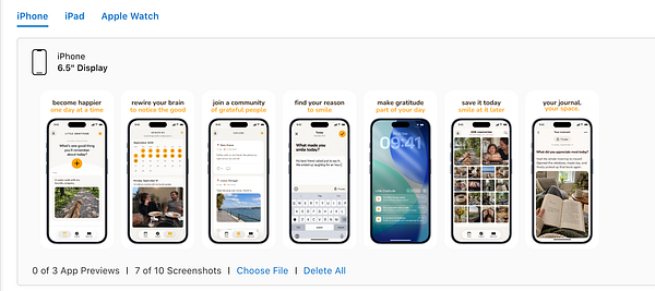 App Store screenshot previews for an iPhone gratitude journaling app with seven example images showing app features and daily gratitude prompts.
