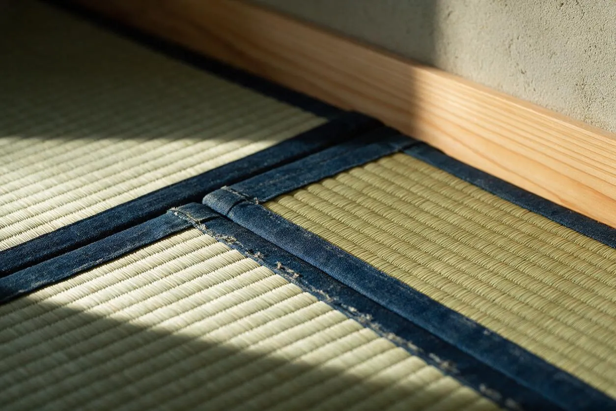A close-up of woven tatami mat flooring bordered by dark indigo fabric trim, with a light wood baseboard above it and soft sunlight casting diagonal shadows across the surface. The scene highlights natural textures and a calm Japanese Zen aesthetic.