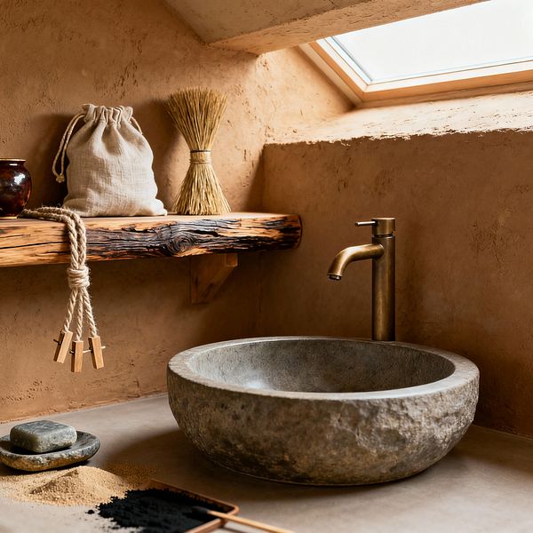 Close-up of a Japanese-inspired laundry sink area featuring a round, rough-hewn stone vessel basin with a brushed brass faucet on a smooth countertop. Warm clay-plaster walls sit below a wood-framed skylight, with a rustic live-edge shelf holding a linen drawstring bag and a bundle of straw; nearby are a jute rope with wooden clothespins, stacked stone soap dishes, and a small wooden tray with light and black laundry powders, creating a minimal, natural palette.