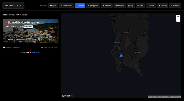 The image displays a digital map interface highlighting a nomad retreat event in Hengchun, Taiwan.