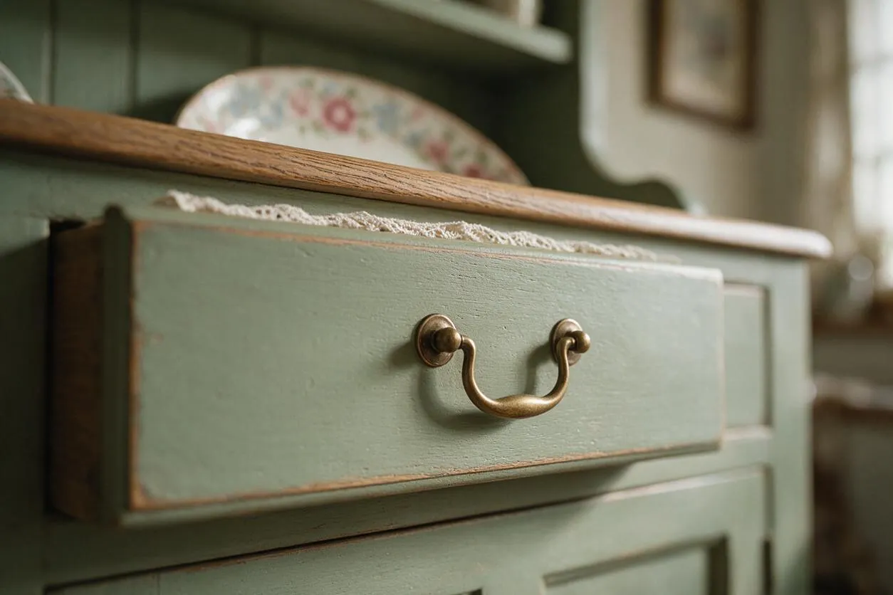 A close-up of a sage green painted wooden cabinet drawer with a curved brass pull and slightly worn edges. A lace trim and floral plate are visible on top, with a softly blurred cottage-style interior in the background.