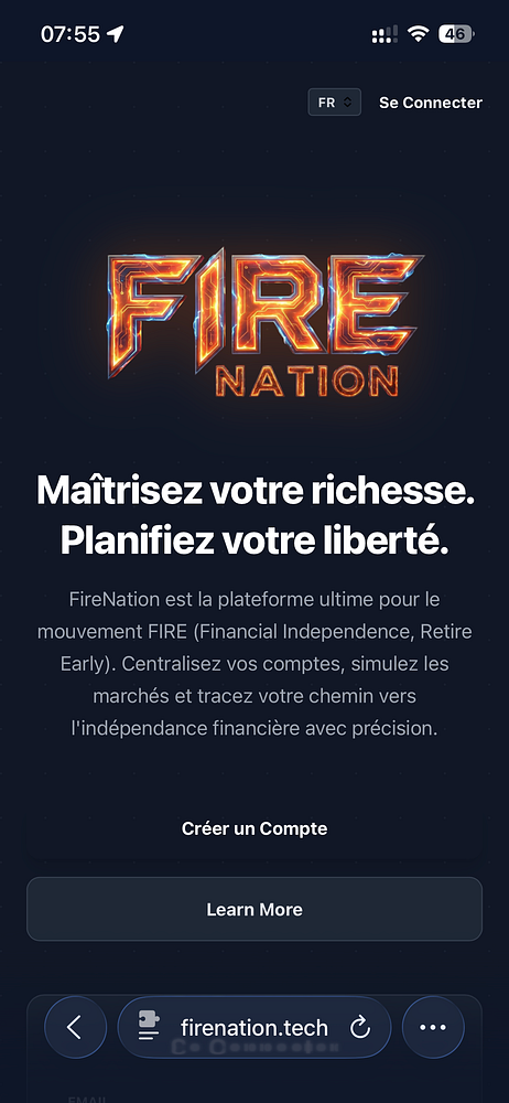 The image displays a mobile interface for the FireNation platform, focusing on financial independence.