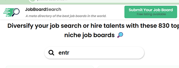 Screenshot of a job board web page displaying job postings with filters and navigation elements.