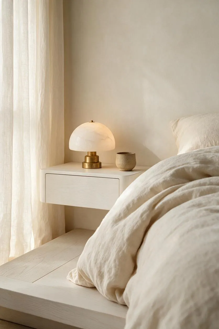 A softly lit bedroom vignette with a pale wood bed, creamy linen bedding, and a floating white nightstand beside sheer curtains. A mushroom-style lamp with a brass base and a small neutral ceramic cup add warm, organic accents against a calm beige wall.