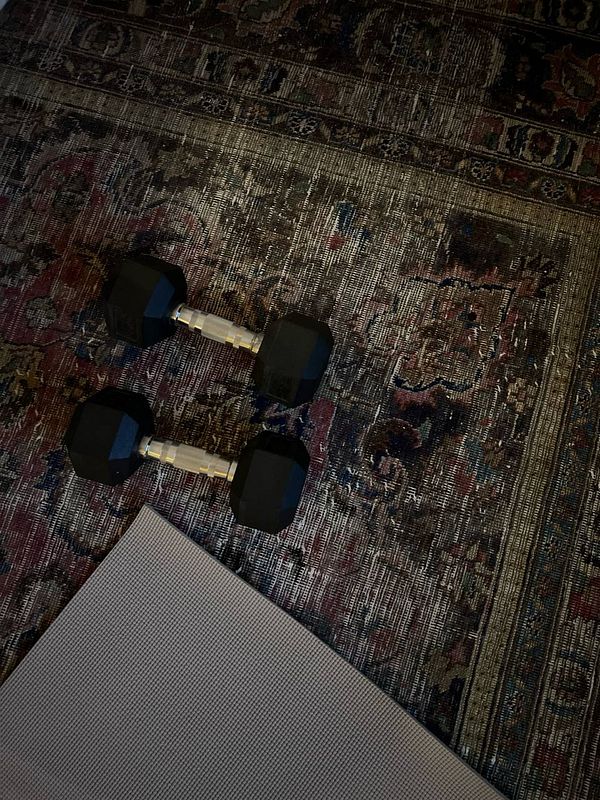 The image features a pair of dumbbells resting on a patterned rug next to a workout mat.