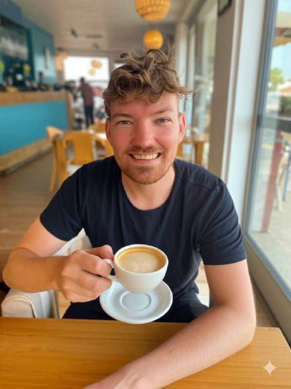 A smiling man holds a cup of coffee in a cozy café setting.
