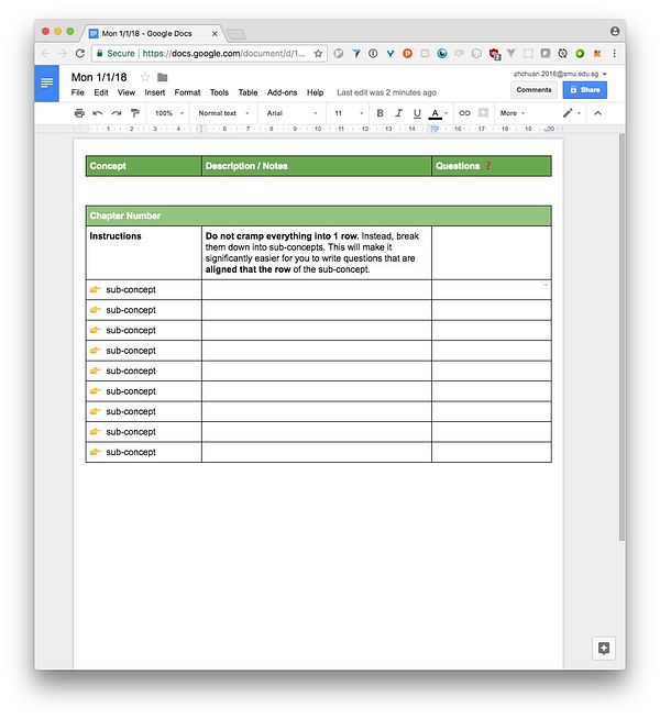 A Google Docs document displaying a Cornell notes template for a learning journal.