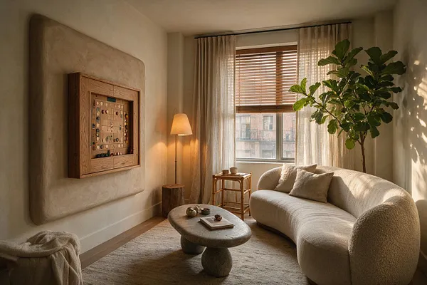 A serene game room with a curved cream sofa, soft rug, sculptural stone coffee table, and a large wall-mounted board game display in a wood frame. Sheer curtains, a wood-blind window, a potted fiddle-leaf fig, and a warm floor lamp create a calm biophilic atmosphere.