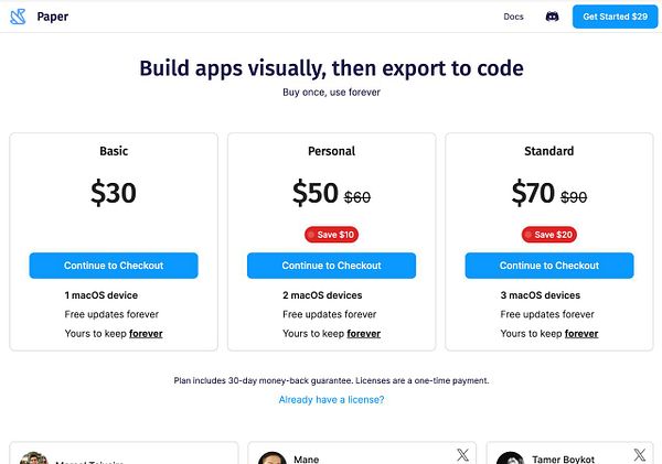 The image displays a pricing table for a software application called Paper, offering three different license options.