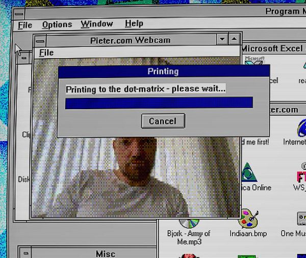 Screenshot of a Windows 3.11 program interface named Webcam.exe showing a live camera feed with control buttons and menu options.