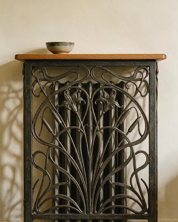 A decorative console table with a light wood top and ornate dark metal base stands against a plain cream wall. The ironwork features symmetrical Art Nouveau curves and floral motifs, with a small ceramic bowl placed on the top.