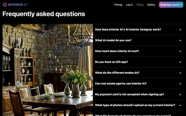 The image features a cozy dining area with rustic decor, accompanied by a FAQ section for Interior AI.