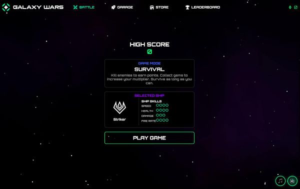 The image displays a game interface for 'Galaxy Wars' featuring a survival mode selection screen.