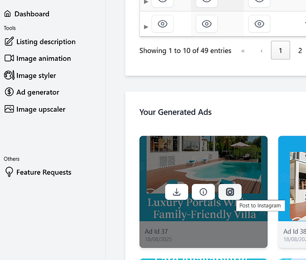 The image displays a user interface for managing generated ads with a focus on posting to Instagram.