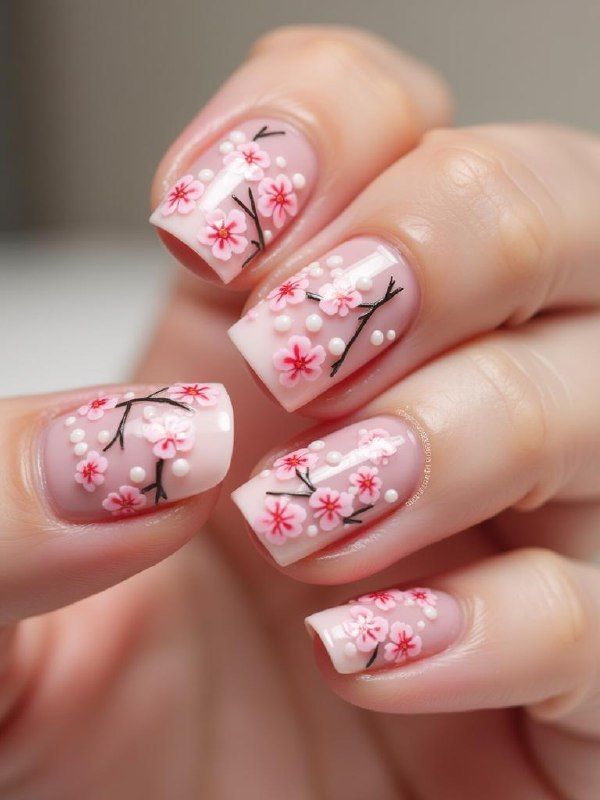 A close-up view of beautifully designed nails featuring cherry blossom patterns.
