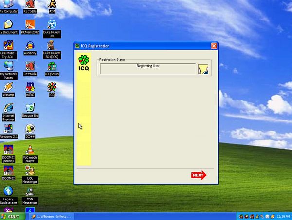 Screenshot of an ICQ instant messaging client configuration window on Windows XP with user details and server setup.