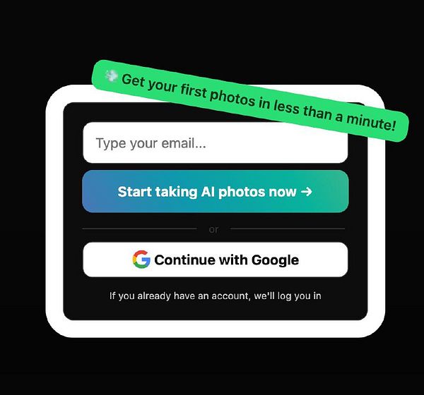 The image displays a call-to-action (CTA) box for signing up to take AI photos.