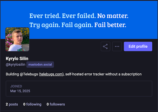 A Mastodon profile page featuring a user named Kyrylo Silin.