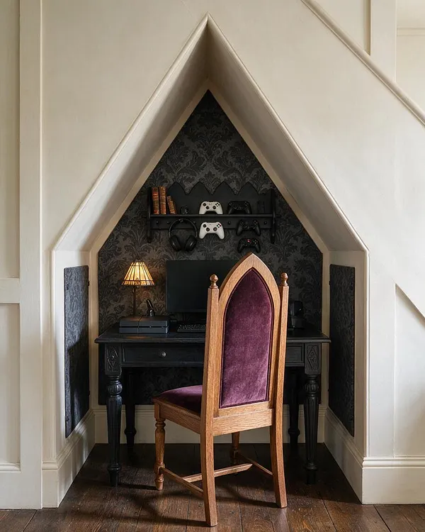 A small Gothic-style game room nook features a pointed-arch alcove with dark patterned wallpaper, a black desk, and a high-backed chair upholstered in deep purple velvet. A small lamp, gaming consoles, controllers, headphones, and a monitor create a compact and moody gaming workspace.