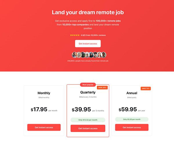 The image displays a promotional webpage for RemoteOK's premium membership options for job seekers.