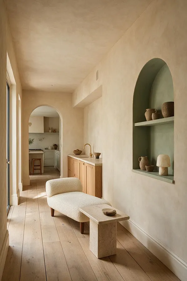 A narrow sunroom with pale plaster walls, wide light wood floors, and tall windows along one side. The space includes a cream boucle chaise, a small stone side table, built-in wood cabinetry with a brass faucet, and an arched wall niche painted muted green and styled with ceramic vessels.
