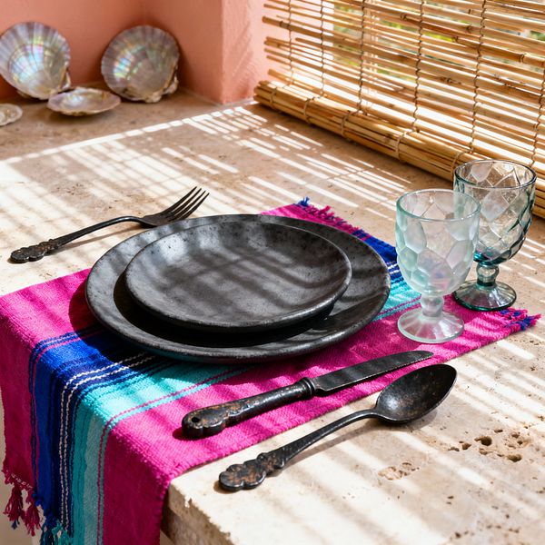 A close-up of a bohemian dining setting on a porous travertine tabletop. Charcoal stoneware plates sit atop a bright magenta and turquoise woven runner, with blackened iron fork, knife, and spoon beside them. Two short-stem pressed-glass goblets in pale aqua and deep teal catch the light. Sun filtered through a bamboo blind casts striped shadows, while a terracotta wall and iridescent shells introduce a warm, coastal touch.