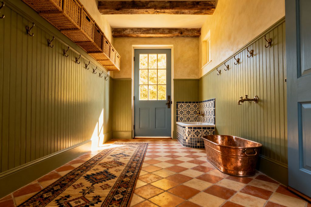 A farmhouse mudroom with sage-green beadboard walls lined with brass hooks, a row of woven baskets overhead, and a dusty blue door with divided lights at the end. Terracotta and cream checkerboard tiles span the floor with a patterned runner. A curved bench tiled in blue-and-white ceramic and a patinated copper tub sit to the right beneath exposed wood beams, all lit by warm natural light.